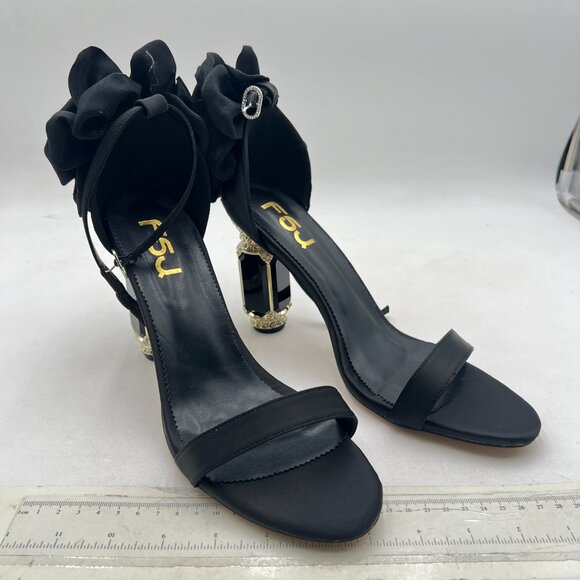 FSJ Black Open Toe Stylish Sandals Ankle Strap Crystal Heels Wedding Party Shoes - Picture 4 of 8